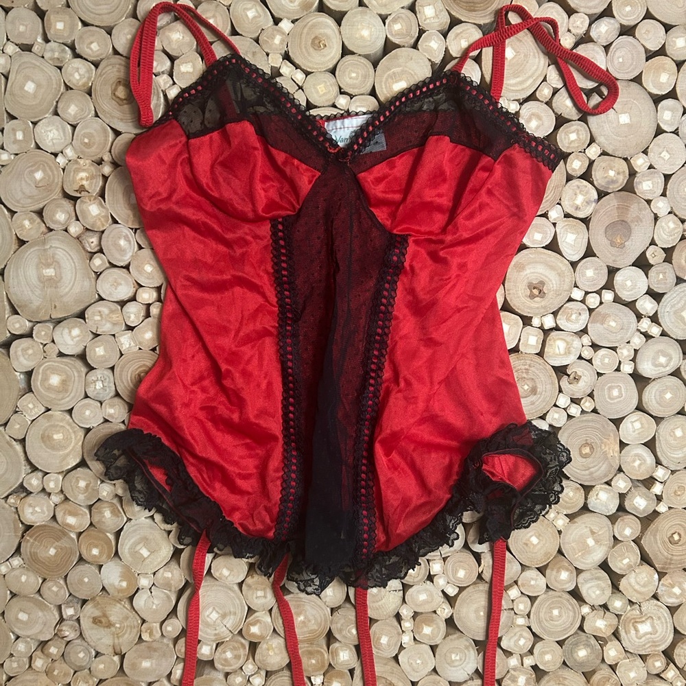 Vintage Nan Flower Red & Black Polka Dot Lingerie Top With Garter Clips